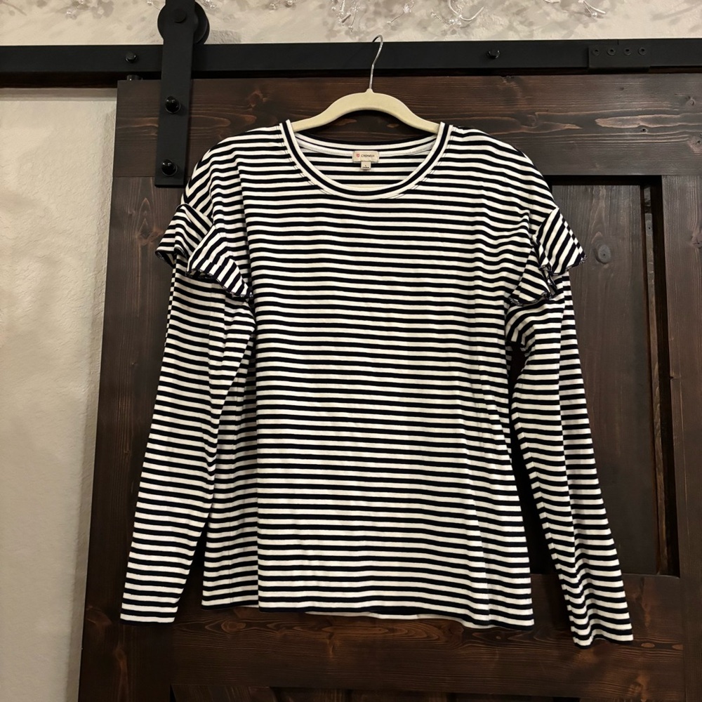 Daniel Cremieux Navy Blue and White Striped Long Sleeve Tee Ruffle Sleeve Large